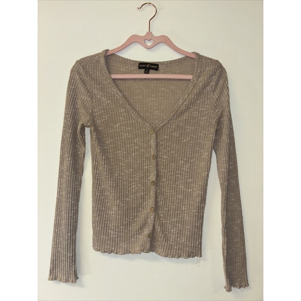 Sz Sm Light Brown Cardigan Cute Comfy Stretchy Quiet Lux Beige Dainty Ribbed Kni
